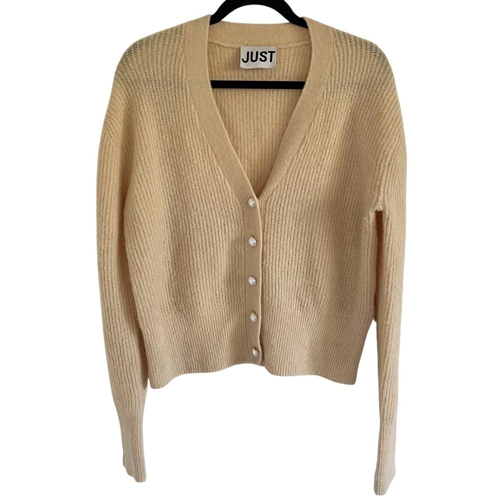 Just Female Light Yellow Rebelo Wool Alpaca Pearl V Neck Cardigan Sweater Large